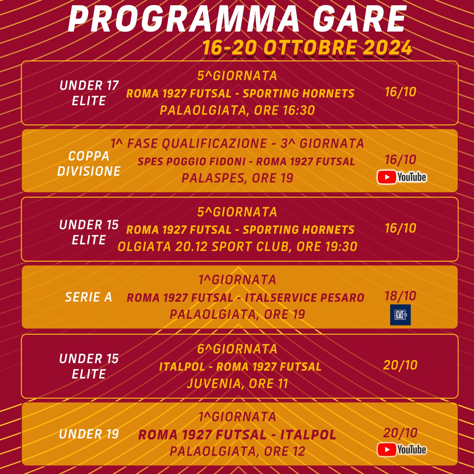 Programma gare 16/20 ottobre 2024